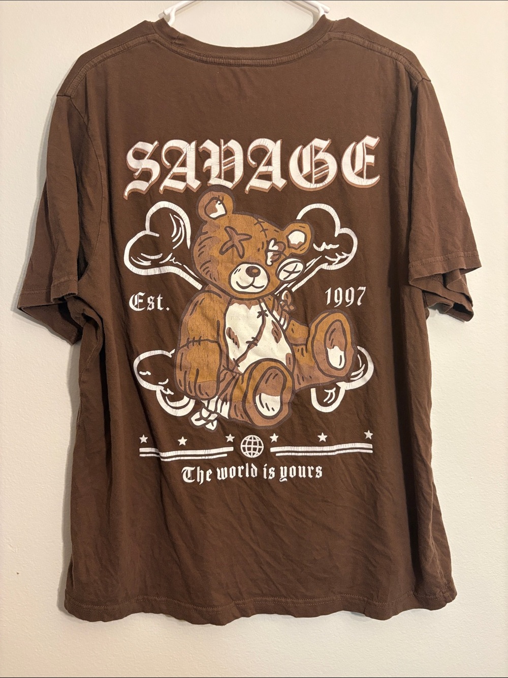 Salvage Brown Graphic Teddy Bear Tee Brown & White Print